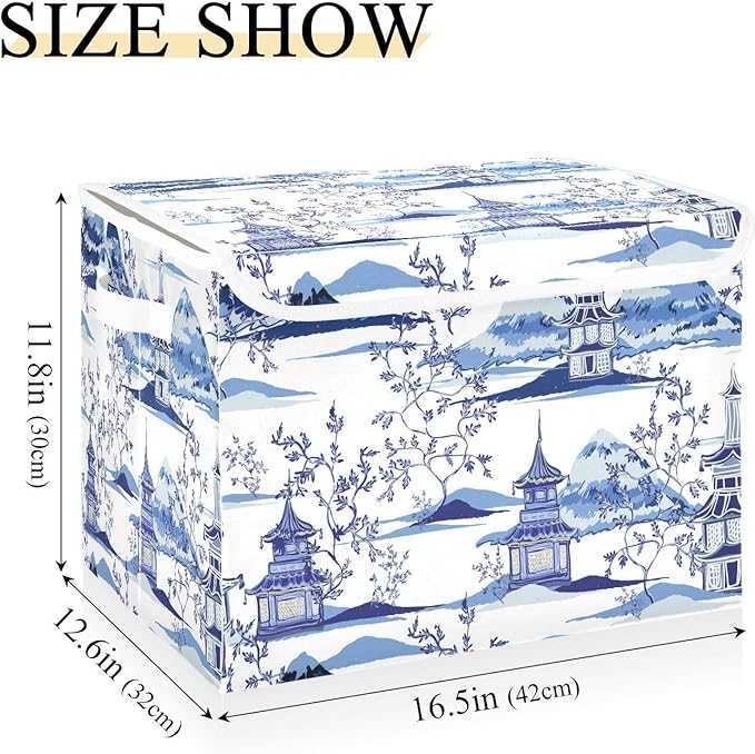 susiyo Beautiful Ink Chinoiserie Pagodas Storage Bin Large Collapsible Storage Box Stackable design Fabric Storage Bins with Lids Decorative Multi-Color Foldable Organizing Baskets For Closet, Utility