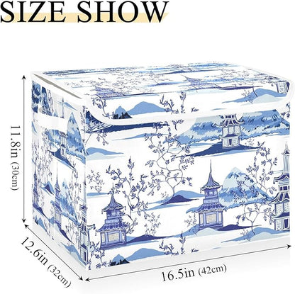 susiyo Beautiful Ink Chinoiserie Pagodas Storage Bin Large Collapsible Storage Box Stackable design Fabric Storage Bins with Lids Decorative Multi-Color Foldable Organizing Baskets For Closet, Utility
