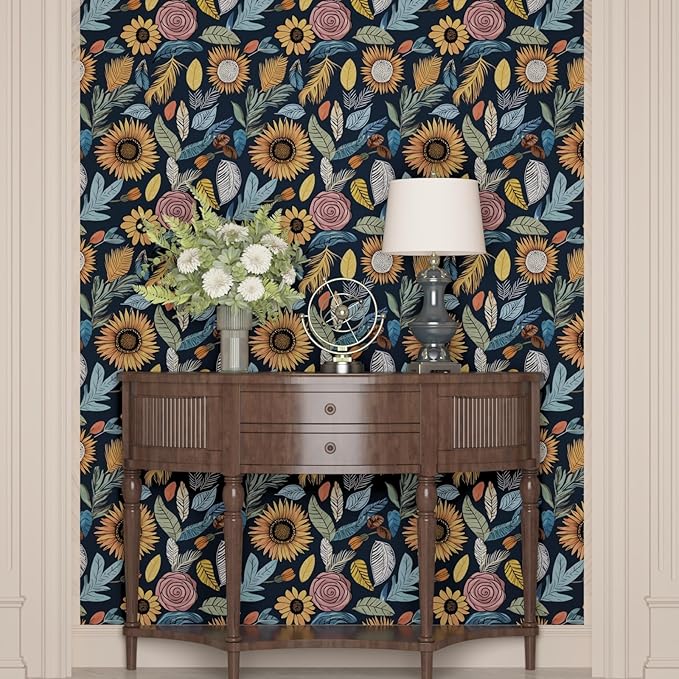 Blue Wallpaper Peel and Stick,Vintage Boho Floral Contact Paper, 17.5" x 393.7" Retro Paisley Flower Botanical Wall Paper Self Adhesive Removable Waterproof for Bathroom Shelves Cabinet Table Decor
