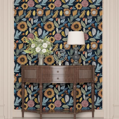 Blue Wallpaper Peel and Stick,Vintage Boho Floral Contact Paper, 17.5" x 393.7" Retro Paisley Flower Botanical Wall Paper Self Adhesive Removable Waterproof for Bathroom Shelves Cabinet Table Decor