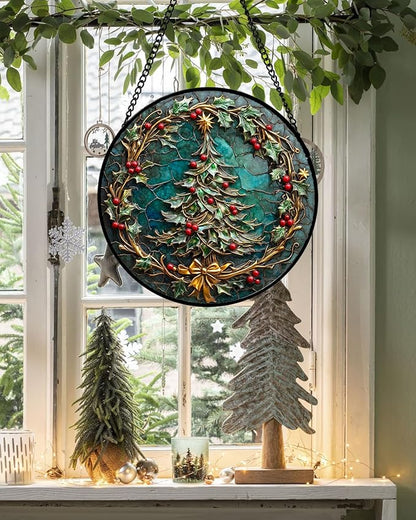 Stained Glass Window Hangings - Red Gold Green Wreath Suncatcher for Door Home Christmas Tree Decoration Sun Catcher Thanksgiving New Year Birthday Gift for Women Men Mom Grandma 6.3 in