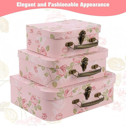 Set of 3 Paperboard Suitcases Storage Box Storage Gift Boxes With Lids for Photo Storage Home Decoration, Wedding, Birthday, Anniversary and New Year Gift Decoration (3Pcs, Pink Flowers)
