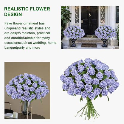 Fake Plants Roses Flowers Plastic Flowers Spring Decorations for Home Gifts for Gf Roses Artificial Flowers for Vase Fake Flowers Home Decor 19.6"(Light Purple 50PCS)