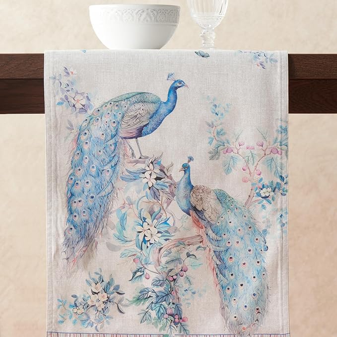 Maison d' Hermine Tablerunners 100% Combed Cotton Premium Table Runner Decorative Table Cover, Home, Kitchen, Parties & Camping, Peacock Utopia, Double Layer - (14.50"x72")