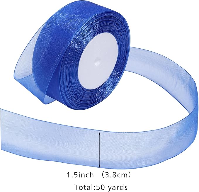 Royal Blue Ribbon for Gift Wrapping 1-1/2 inch Sheer Organza Ribbon for Flower Bouquet Tulle Chiffon Ribbons for Wedding Invitations Christmas Decorations Crafts 50 Yards