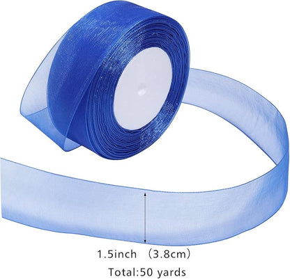 Royal Blue Ribbon for Gift Wrapping 1-1/2 inch Sheer Organza Ribbon for Flower Bouquet Tulle Chiffon Ribbons for Wedding Invitations Christmas Decorations Crafts 50 Yards