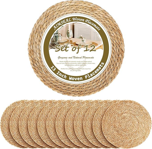 13 Inch Woven Placemats Set of 12, Rustic Round Placemat for Dining Table, Boho Jute Charger for Dinner Plates, Farmhouse Winter Holiday Decor, Water Hyacinth Wicker Rattan Braided Place Mats