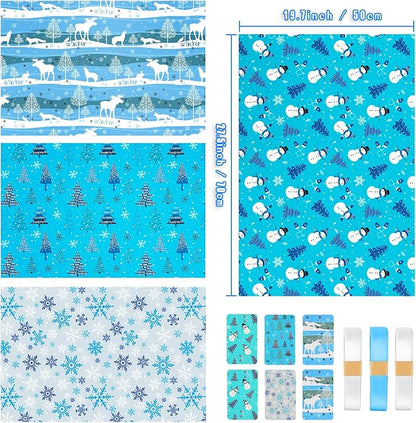 Boy Christmas Wrapping Paper Folded Sheets,Blue White Winter Xmas Wrapping Paper Christmas Paper Set for Boys Teen Men Kids Children,Papel de Regalo Navidad 4 Style Snowflake Deer Snoman Gift Wrap Holiday Gift Wrapper Paper with Gift Tag Ribbion for Ne...