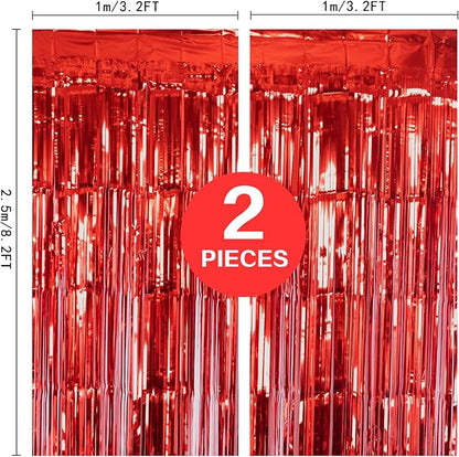 2 Pack Red Metallic Tinsel Foil Fringe Curtain, 3.2Ft x 8.2Ft Tinsel Curtain Party Photo Backdrop Streamers for Door Wall Window Curtains Background Birthday Christmas Valentines Day Decorations