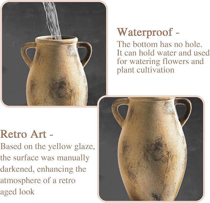 Ceramic Vintage Vase with Handles - 9.05 inch Terracotta Vase - Decorative Tall Pottery vase - Flower Vase for Home Farmhouse Decor, Dining Table, Living Room, Kitchen, Office