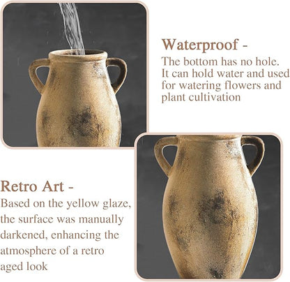 Ceramic Vintage Vase with Handles - 9.05 inch Terracotta Vase - Decorative Tall Pottery vase - Flower Vase for Home Farmhouse Decor, Dining Table, Living Room, Kitchen, Office