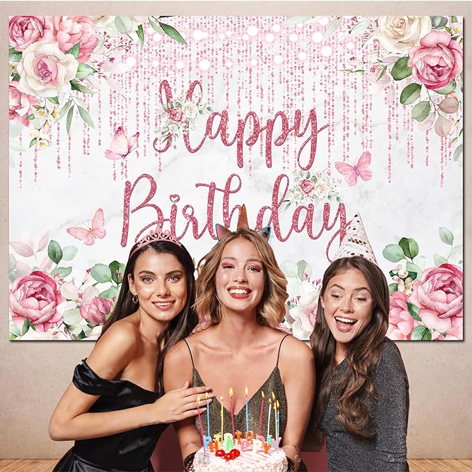 Rose Gold Floral Birthday Backdrop Decorations for Women,Glitters Blush Pink Flower Happy Birthday Backdrops Banner Photography Background for Women Girls Bday Party Photo Booth Supplies 7x5ft