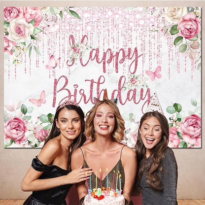 Rose Gold Birthday Backdrop Floral Birthday Decorations,Blush Pink Flower Glitters Happy Birthday Backdrops Banner Photography Background for Women Girls Bday Party Photo Booth Supplies 5x3ft
