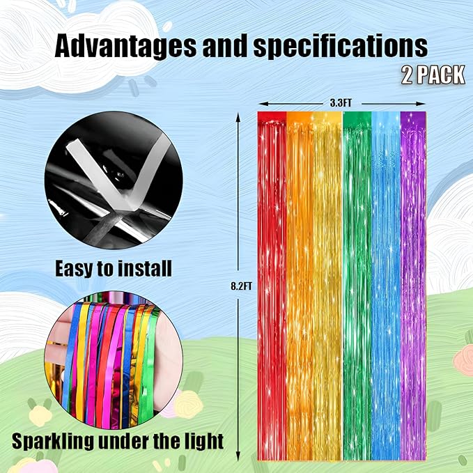 Keyali 2 Pack 3.3 * 8.3 ft Foil Curtain Metallic Tinsel Fringe Curtains Photo Booth Props Backdrop for Birthday Wedding Engagement Baby Shower Christmas Holiday Celebration Party，Rainbow