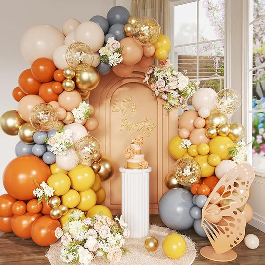Dusty Orange Balloon Arch Kit, 152Pcs Dusty Orange Grey Pastel Orange Lemon Yellow White Sand Gold Confetti Balloons for Baby Bridal Shower Wedding Engagement Birthday Party Decorations