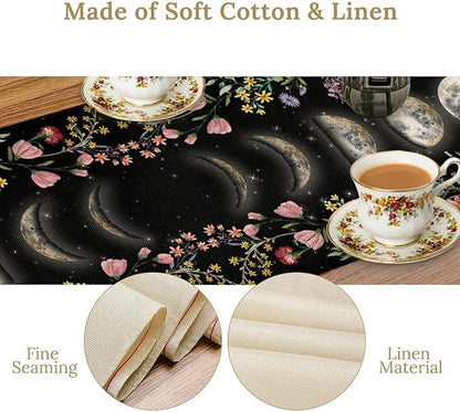 Boho Floral Table Runner, Spring Gothic Moon Phase Wildflower Mystical Witchy Farmhouse Coffee Table Center Decor for Home Kitchen Dining Patio Holiday Party Table Decorations 13x90 inches