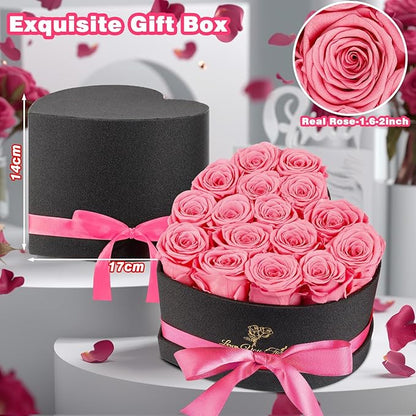 Forever Flowers, 16 Fresh Preserved Rose in Heart Shape Box, Eternal Rose for Her Birthday Pink