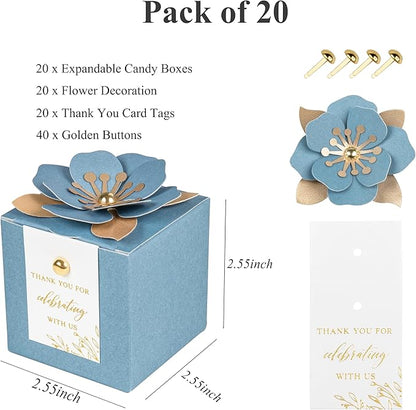 FEIYI 20 PCS Favor Boxes, 3 In 1 Dusty Blue Candy Boxes with Floral Decor, White Thank You Tags Gold Foil Print Gift wrapping for Wedding, Baby Shower, Birthday, Decorations Party - 2.55x2.55x2.55