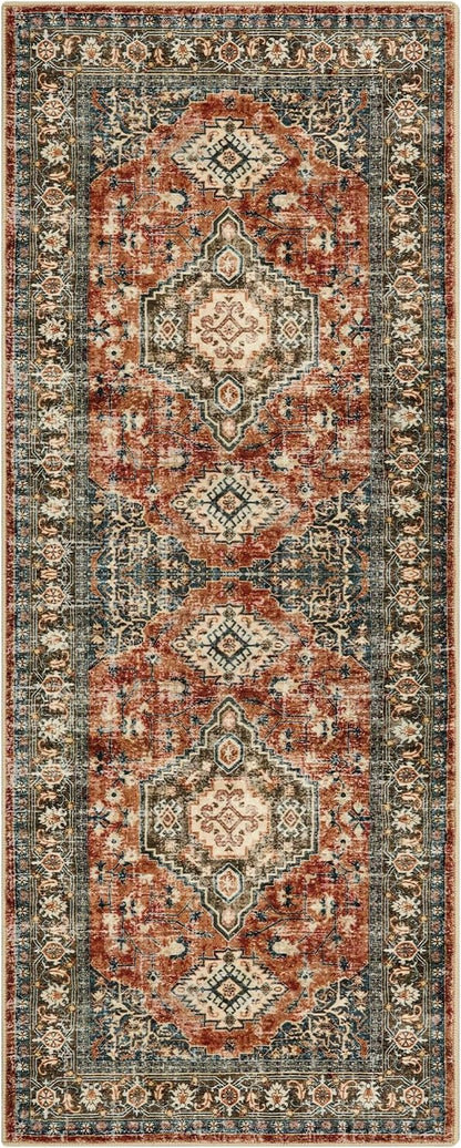 Lahome Oriental Kitchen Runner Rug Non Slip, 2x5 Washable Hallway Runner with Rubber Backing, Vintage Hallway Rug Ultra-Thin Soft Carpet for Bedroom Bathroom, Brick Red