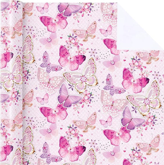 WRAPAHOLIC Pink Butterfly Wrapping Paper Roll - Mini Roll - 17 Inch x 9.8 Feet - Fantasy Butterfly Design, Perfect for Birthday, Wedding, Bridal Shower