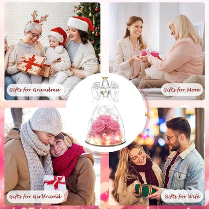 Christmas Angel Gifts for Women Gift for Mom,Preserved Real Rose in Glass Angel Figurines with Angel Necklace,Preserved Flower Birthday Gifts for Women Mom Wife Girlfriend for Thanksgiving Xmas Gift