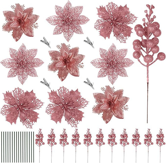 RECUTMS 66 Pcs 3 Styles Christmas Ornaments Christmas Glitter Poinsettia Flowers Artificial Christmas Tree Flower Decorations Wedding Wreath Floral Decorations (Rose Gold)