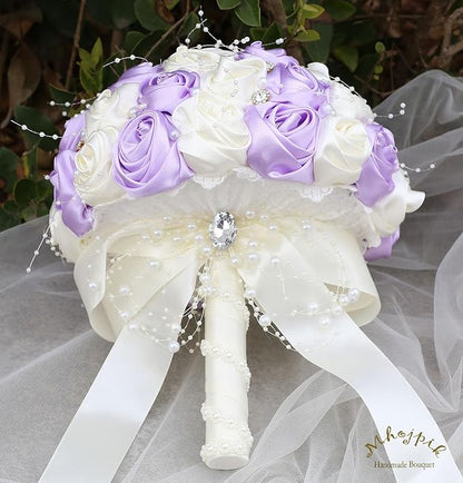 Bridal Wedding Bouquet Round Bling Brooch Bouquet Throw Toss Artificial Rose Flower Bunch for Bride Bridesmaid Wedding Quinceanera(Light Purple & Ivory, 6.3")