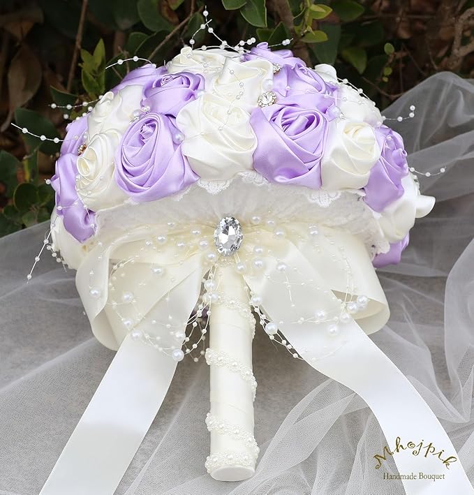 Bridal Wedding Bouquet Round Bling Brooch Bouquet Throw Toss Artificial Rose Flower Bunch for Bride Bridesmaid Wedding Quinceanera(Light Purple & Ivory, 8.7")