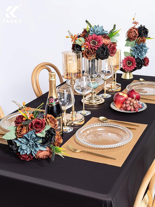 FANKO Artificial Flowers Black Rose: Mixed Fake Silk Flowers Combo Brown Rose Dusty Blue Dahlia Burgundy Sunflower Vintage for DIY Wedding Bridal Bouquets/Centerpieces/Home Decor