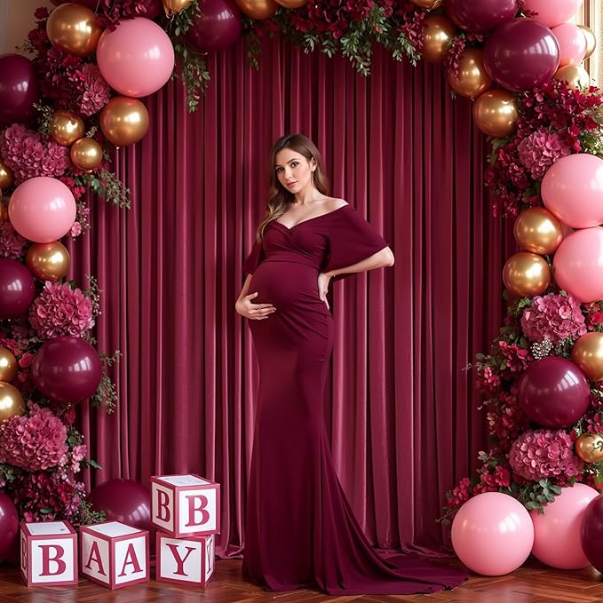 Burgundy Backdrop Curtains 4 Panels - Wrinkle-Free Polyester Photography Drapes for Baby Shower & Birthday Party - 16 X10FT