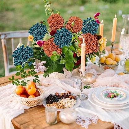 Artificial Flowers, 25pcs Realistic Artificial Rose for DIY Wedding Bouquets Centerpieces Arrangements, Terracotta and Dark Teal Dahlia Flowers with Stem for Party Home Decorations