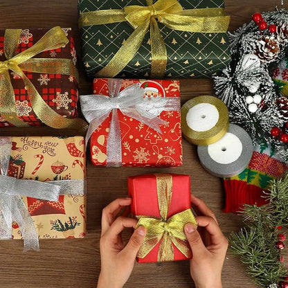 DECYOOL 4 Rolls 100 Yards Christmas Ribbons 1 Inch Wide Holiday Metallic Glitter Ribbons for Gift Wrapping and DIY Craft, Gold & Silver