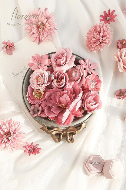 Floroom Mini Artificial Flower Heads Dusty Rose Fake Peony Daisy Rose Multicolor Small Faux Silk Flower Heads for Cake Craft Garland Wedding Party Graduation Cap DIY Home Decoration, 0.8"-3.6"