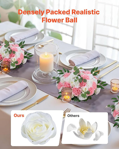 VEVOR Flower Ball Arrangement Bouquet 10 PCS, 17.7-Inch Diameter Artificial Flower Balls Wedding Table Centerpieces, Rose Arrangements for Wedding Centerpiece Home Decorations, Pink and White Roses