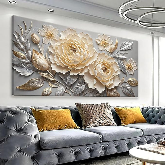 Canvas Art Wall Decor Print Silver White Flowers Wall Art For Living Room Picture Modern Landscape Painting Home Wall Decor 24" X 48"Bedroom Office Artwork