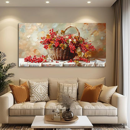 hyidecorart Large Canvas Print Wall Art Rustic Dining Room Artwork For Walls Still Life Bamboo Basket And Fruit Vintage Wall Decor Pictures For Living Room Farmhouse Kitchen Bar Office Posters 30x60