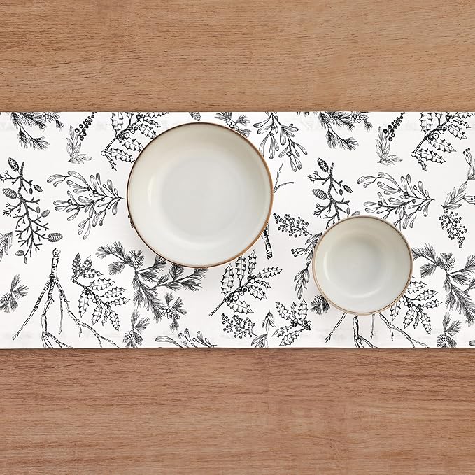 Solino Home 100% Pure Linen Christmas Table Runner 120 Inches Long - Black/White Table Runner 14 x 120 Inch - Handcrafted and Machine Washable - Winter Forest Print