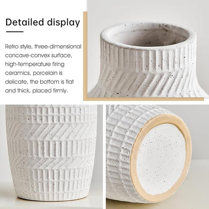 Modern White Ceramic Vase, Boho Flower Vases for Decor, 5.1" W x 8.7" H Modern Vase with Textured Pattern Table Centerpiece for Living Room Office Bedroom (Matte White Vase)