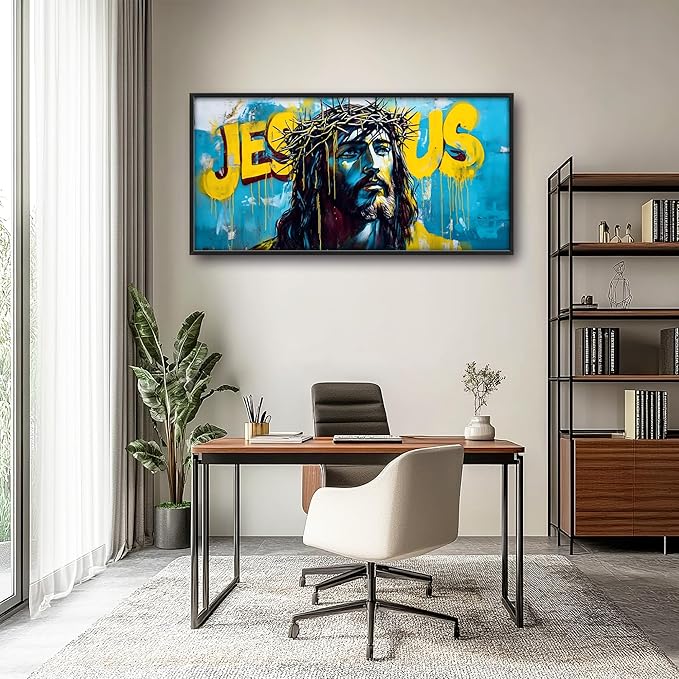 Banksy Jesus Large Wall Art Graffiti Framed Wall Decor for Living Room Pop Street Pictures Oversized Canvas Print Painting Modern Extra Large Framed Artwork for Bedroom Office 60"x30"