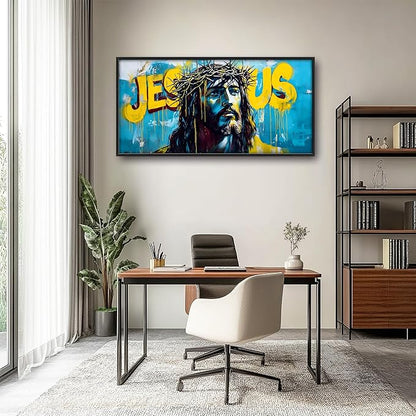 Banksy Jesus Large Wall Art Graffiti Framed Wall Decor for Living Room Pop Street Pictures Oversized Canvas Print Painting Modern Extra Large Framed Artwork for Bedroom Office 60"x30"