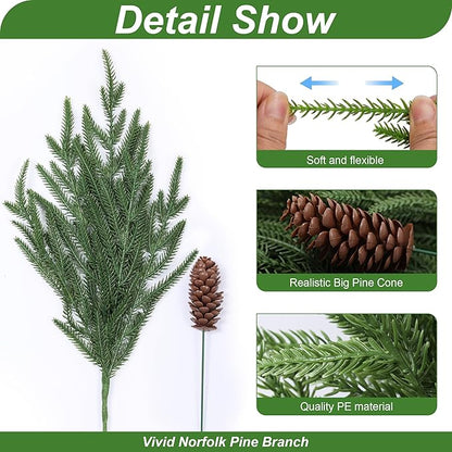 Artificial Christmas Norfolk Pine Stems Branches for Vases,12 Bundles Faux Pine Branches with 5 PCS Big Pinecones Stems Fake Greenery Evergreen Real Touch for Holiday Winter Table Xmas Decor