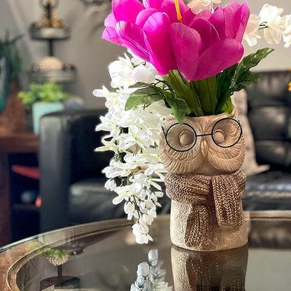Bespectacled Owl Cement Vase 8.25 Inch – Whimsical Animal Planter with Real Glasses, Knit Textured Scarf, and Gold Metallic Accents, Distressed Taupe Finish, Unique Indoor Decor Gift