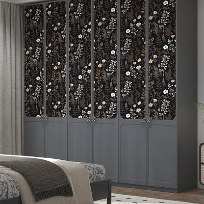 Extra Long Moody Floral Wallpaper Peel and Stick, 17.5In x 393In Black Dark Gold Botanical Removable Contact Paper for Bedroom Bathroom Kitchen Cubicle, Boho Flower Wall Paper Brown Taupe
