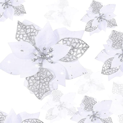 Boao 24 Pieces Christmas Artificial Glitter Poinsettia Flowers Xmas Flowers Wedding Christmas Tree New Year Ornaments(White)