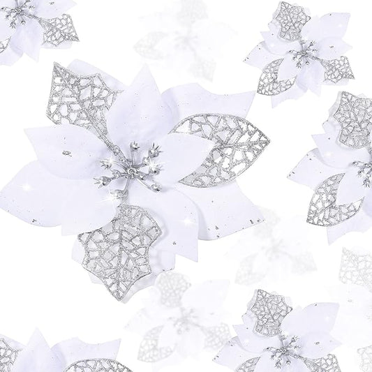 Boao 24 Pieces Christmas Artificial Glitter Poinsettia Flowers Xmas Flowers Wedding Christmas Tree New Year Ornaments(White)
