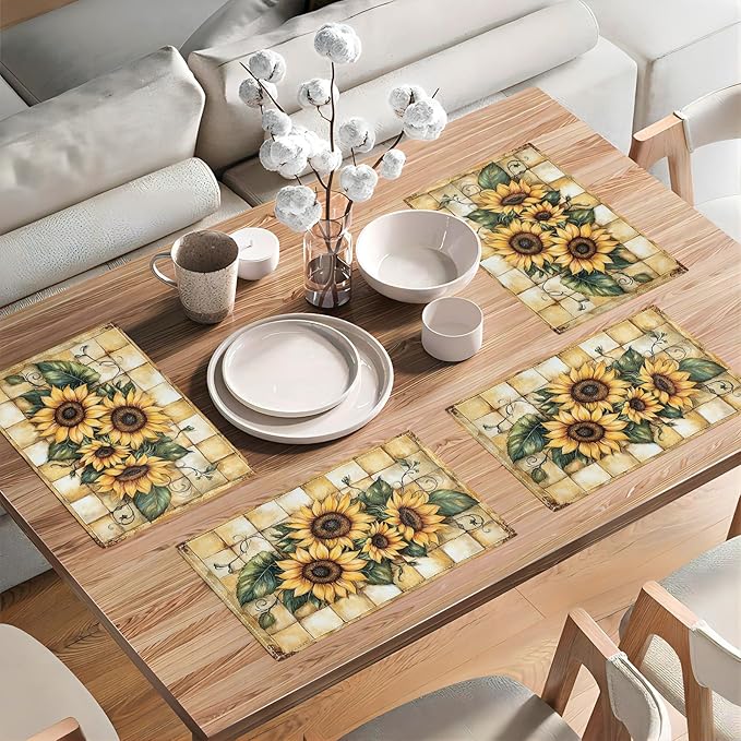 Farmhouse Sunflower Placemats Set of 6, Country Flowers Place Mats, Rustic Yellow Check Dining Table Mats, Washable Placemats for Kitchen Dining Room Home Decor 18L'' × 12W''