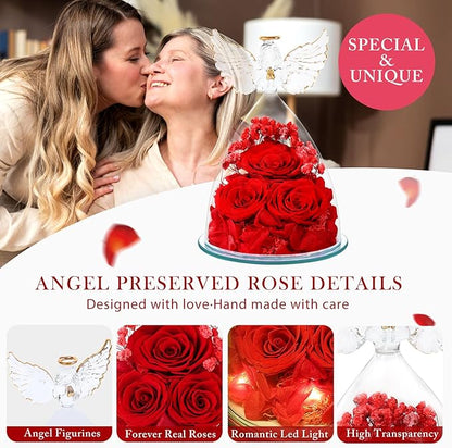 FIACO Preserved Flower Rose for Women, Forever Eternal Fresh Flowers in Glass Angel Figurines Flowers for Delivery Prime Red Roses for Grandma Mom Sister Her Wife on Mothers Day Birthday