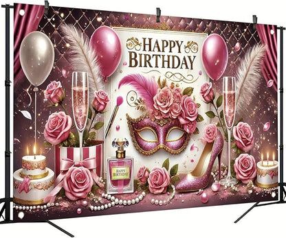 High Heel Birthday Party Backdrop, Glamorous Pink Gold High Heel Shoe Glitters, Polyester Fabric, Ideal for Women's Birthday Parties