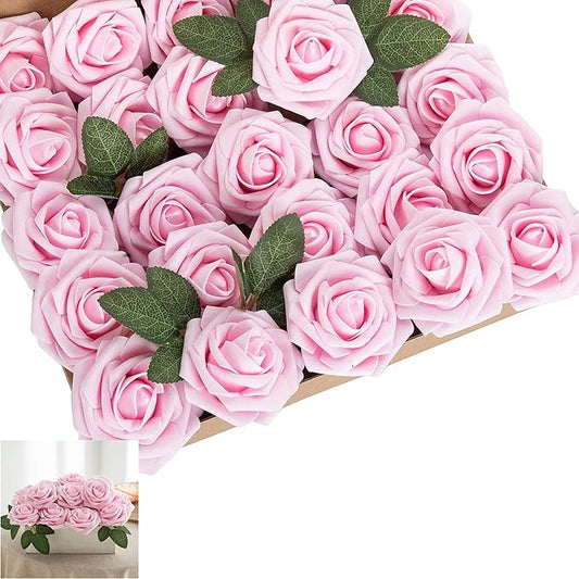 Artificial Flower Foam Rose 25pcs Real Looking Fake Rose with Stems Leaves for Home Decoration Party Garden Centerpieces DIY Wedding Bouquets（Light Pink）