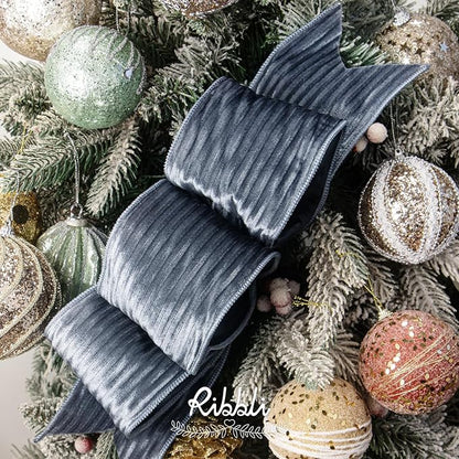 Ribbli Glossy Dusty Blue Velvet Wired Ribbon 4 Inch Striped Velvet Christmas Ribbon for Gift Wrapping Christmas Tree Decoration Crafts Wreaths Supplies-Continuous 10 Yards